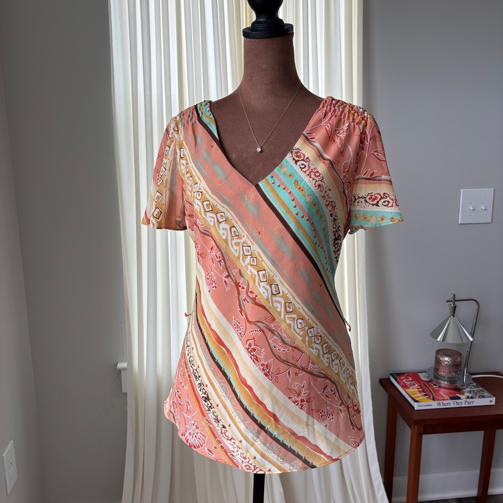 Y2K Vintage Dressbarn Blouse 10 Patchwork Shimmer Fairy Whimsy Earthy Boho Flowy